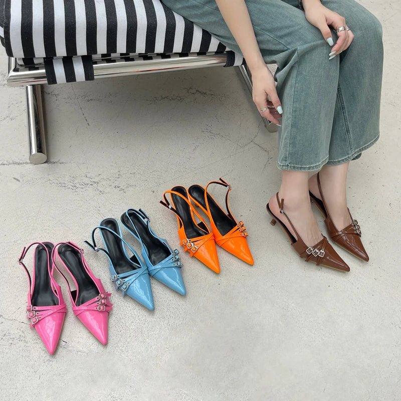 Orange Ladie Pumps Pink High Heels Pointed Toe Slingback Shoes Belt Buckle Low Heel Office Shoes Blue