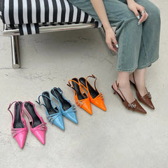 Orange Ladie Pumps Pink High Heels Pointed Toe Slingback Shoes Belt Buckle Low Heel Office Shoes Blue