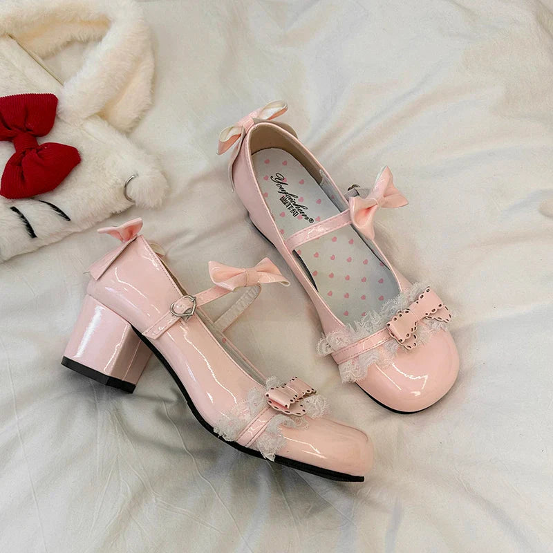 Lolita Style Cute Round Head Jane Pumps with Bow Sweet Party Dress Midi Heels Shoes PU Sandals