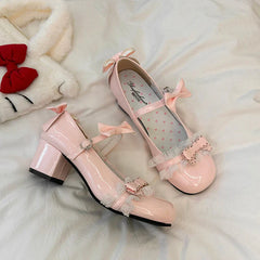 Lolita Style Cute Round Head Jane Pumps with Bow Sweet Party Dress Midi Heels Shoes PU Sandals