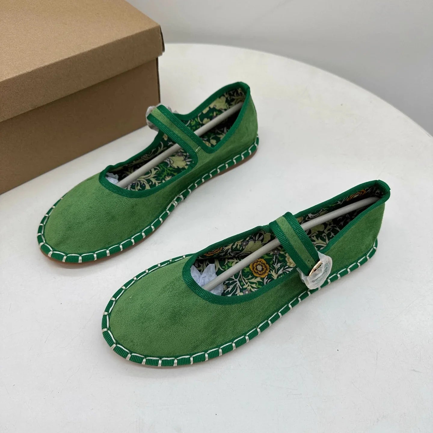 Floral Print Insole Velvet Flats Shoes Hand Stitching Elegant Mary Jeans Shoes Round Toe Ballets Flats Footwear