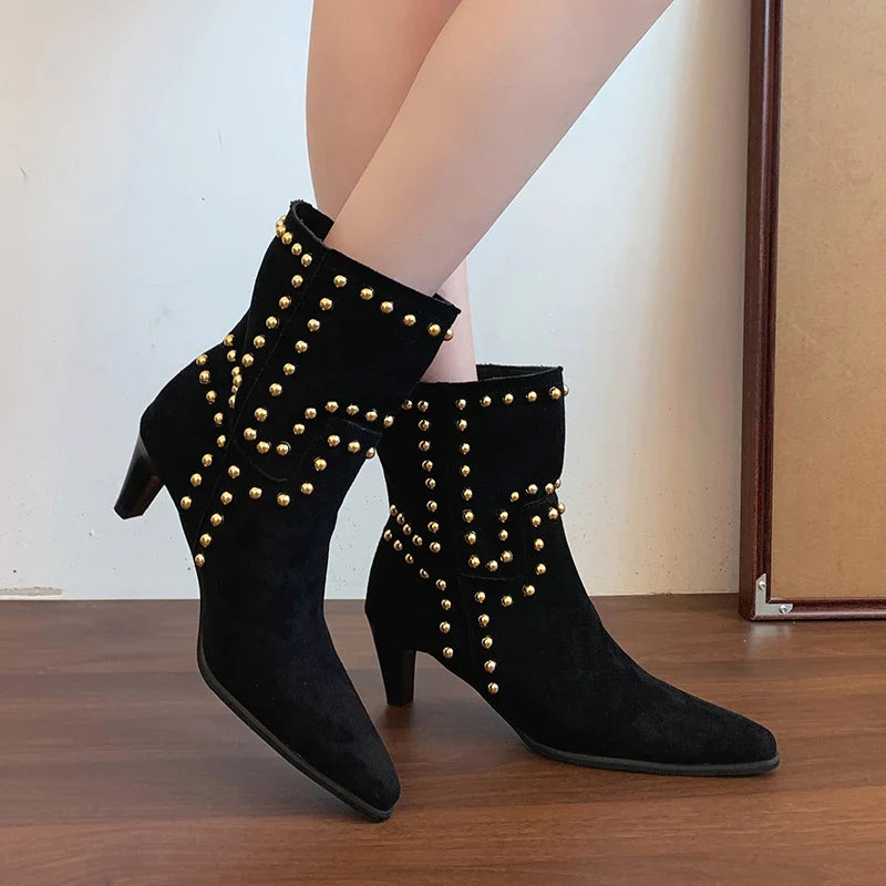 Street Style Pointed Toe Ankle Boots Slip On Square Heels Shoes Modern Short Booties