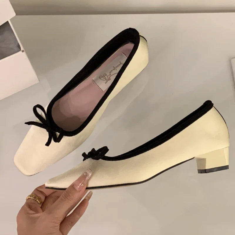 Satin Round Toe Bowknots Flat Shoes Vintage Brand Designe Open Heel Sweet Party Dress Square Heel Loafers