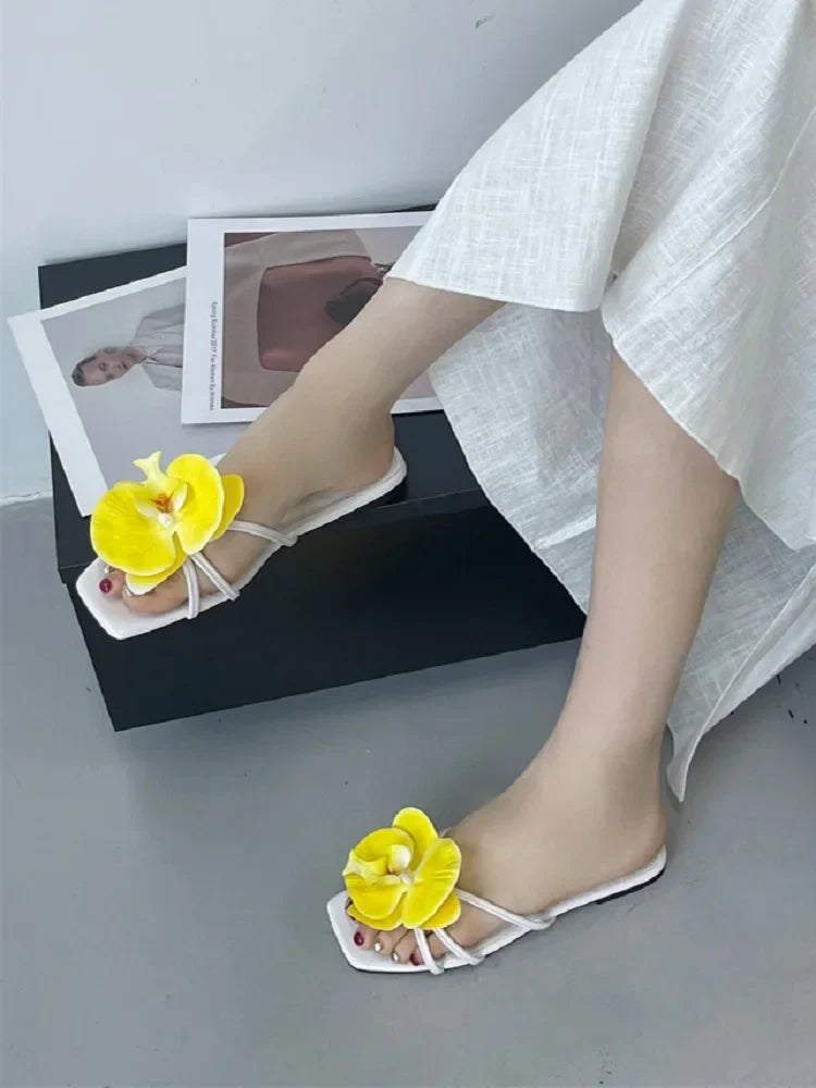 Flower Narrown Band Low Heels Slippers Square Toe Casual Beach Shoes Size 35-43