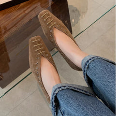 High Quality Faux Suede Flat Mary Jane Shoes Rivets Lace Up Brand Shoes Comfortable Soft Sole Office Shoe