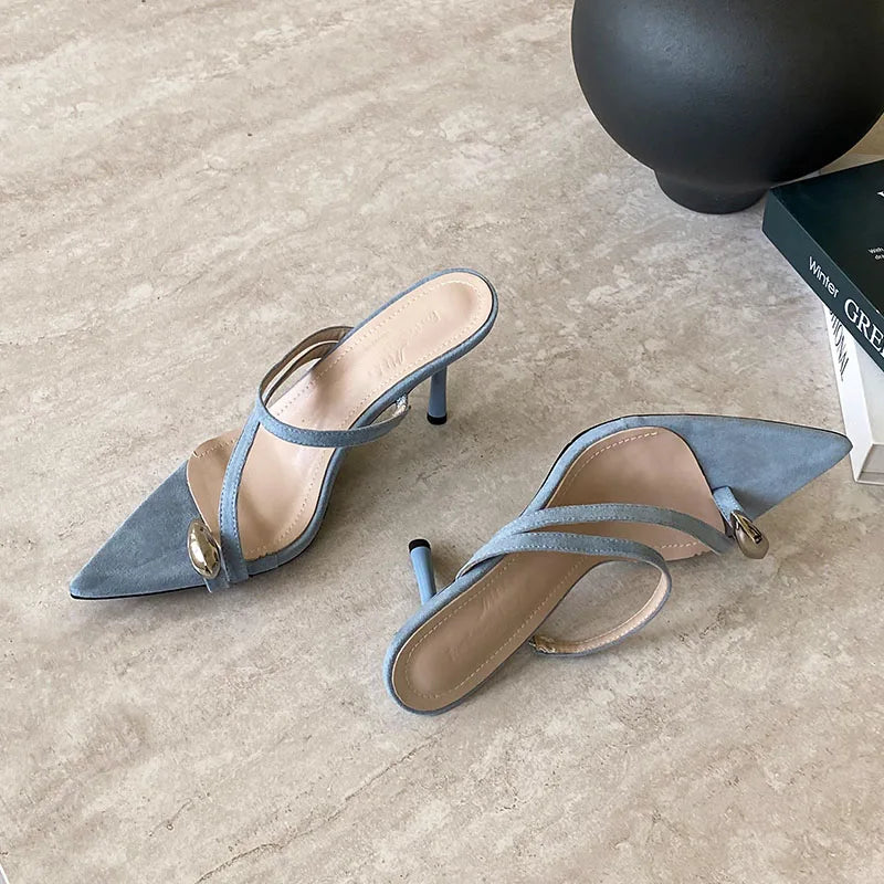 Pointed Toe High Heels Pumps Slides Shoes Slip Metal Thin Heels Shoes Flip flops