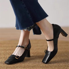 Metal Buckle Decoration Mary Jane Shoes Comfortable Leather High Heels Elegant Chunky Heel Zapatos De Mujer