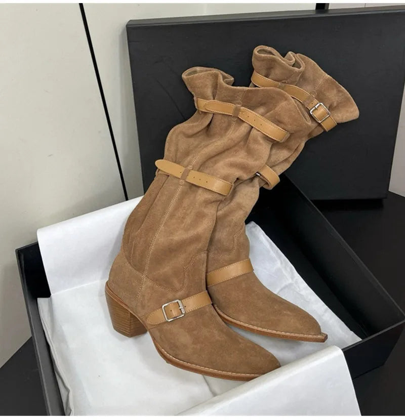 Vintage Pleated Belt Buckle Faux Suede Knee High Boots High heels Western Cowboy Knight Boots Shoes