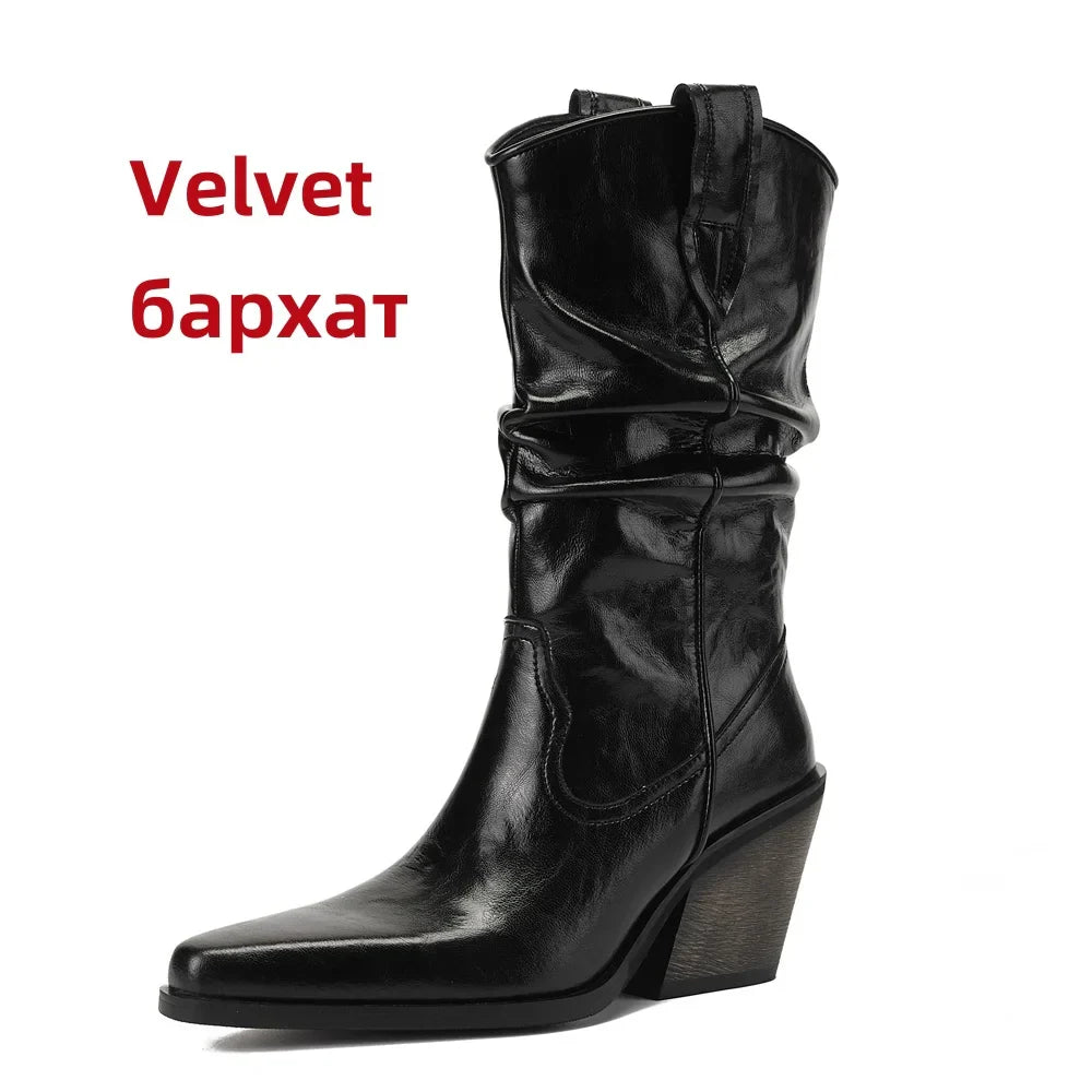 High Heel Leather Shoes Knight Boot Western Cowboy Boots Pointed Toe Thick Soled Short Boot