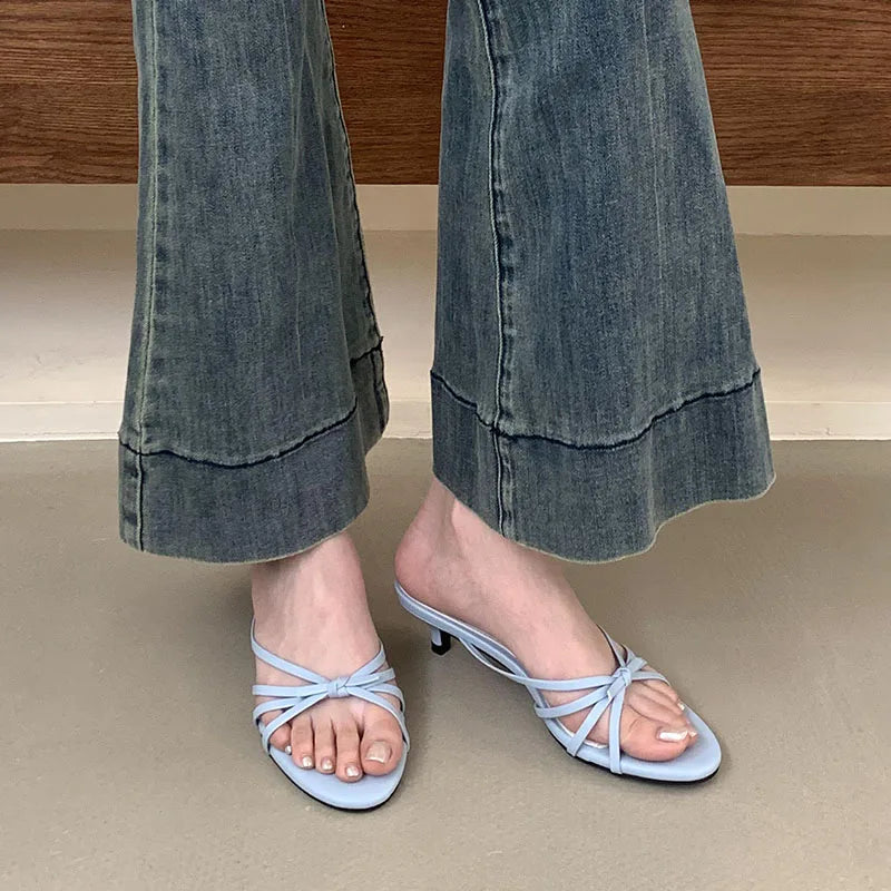 Butterfly-Knot Low Heel Slippers Shoes Round Toe Heeled Slippers