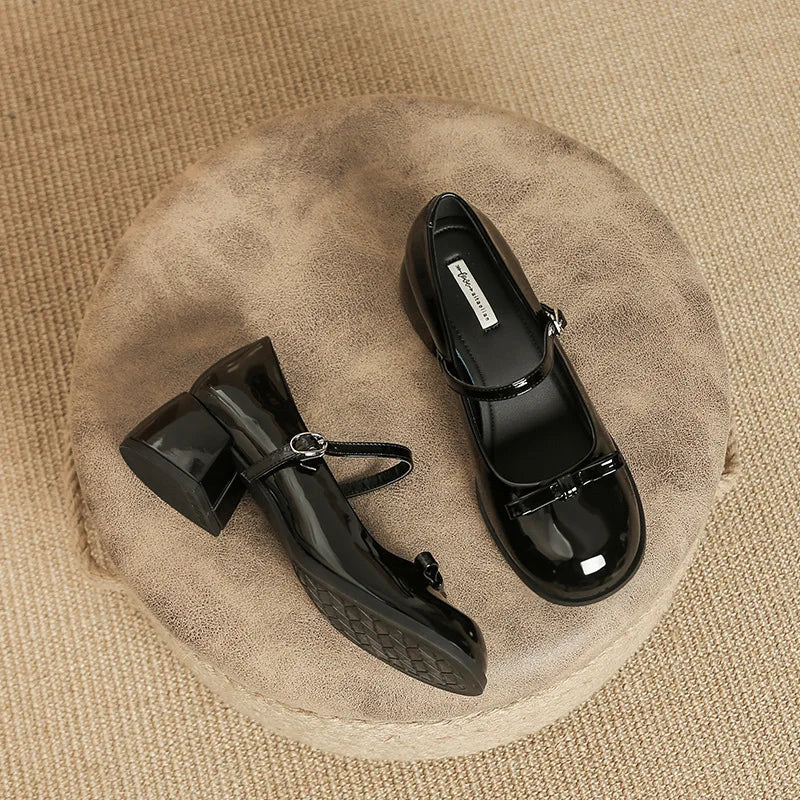 Round toe bowtie mary janes pumps thick high heels lolita shoes ankle strap japanned leather talons femmes