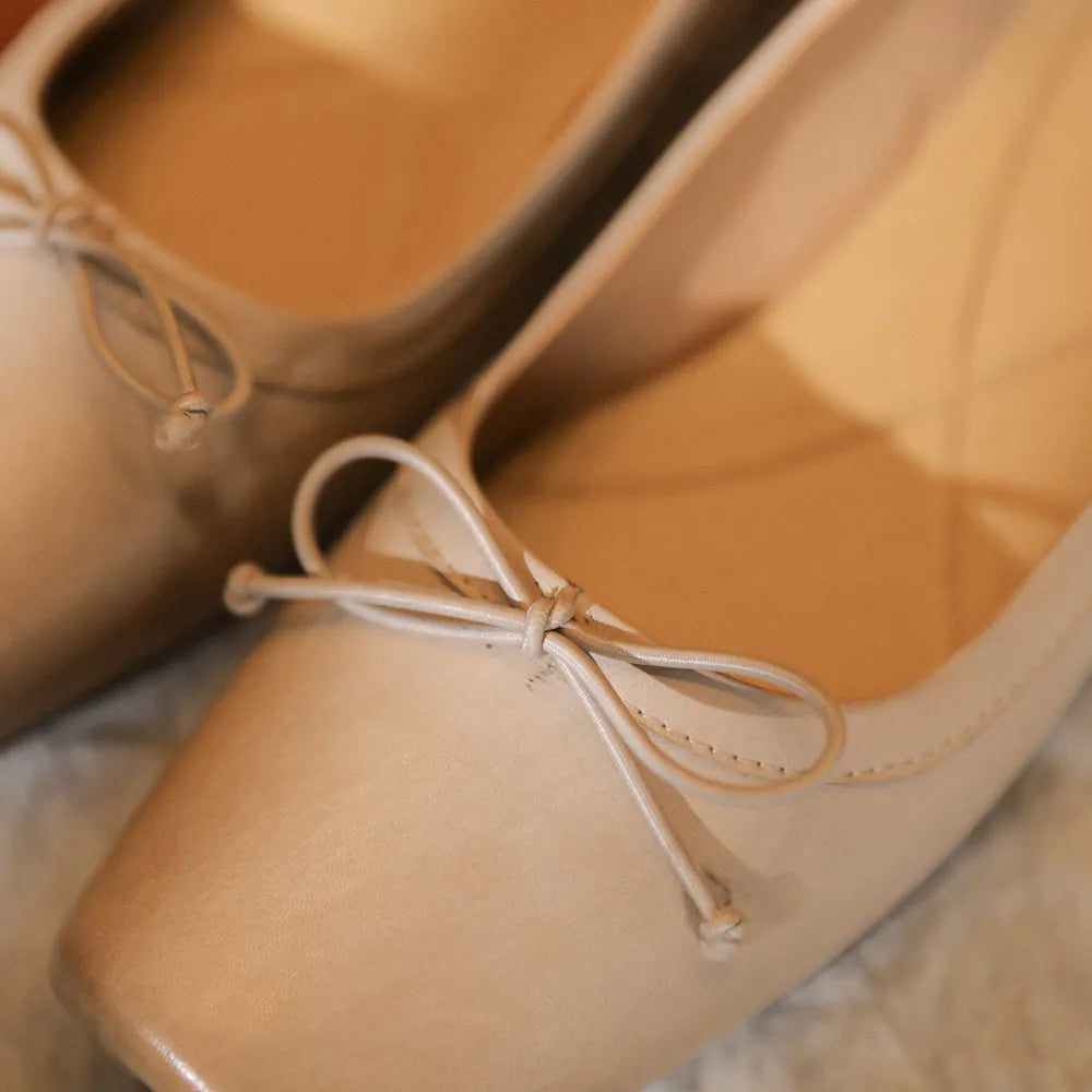 genuine leather square toe slip-on ballet flats sweet bowtie pleated retro soft comfortable espadrilles shoes hot