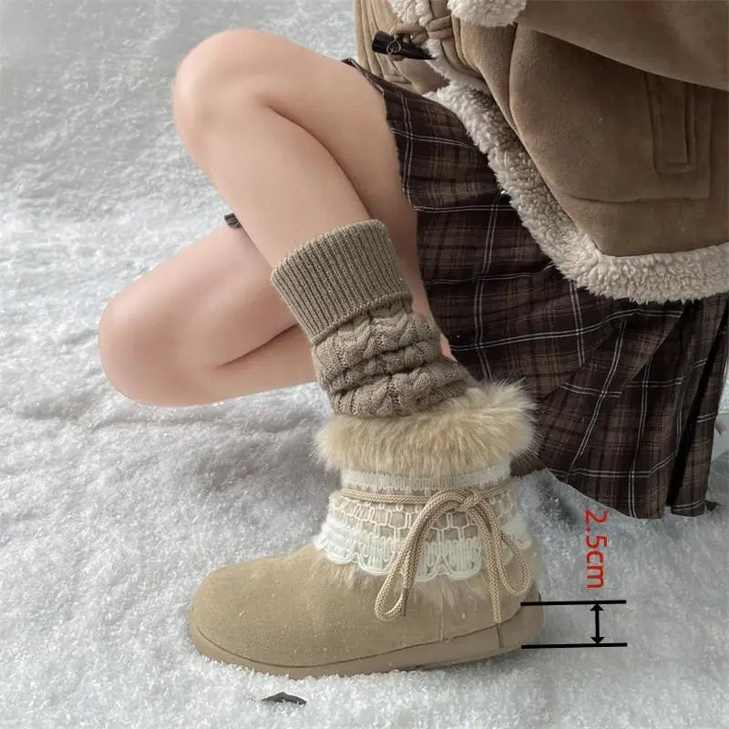 Sweet Lace Decoration Furry Suede Snow Boots Thick Bottom Fluffy Fur Ankle Boots Warm Plush Shoes