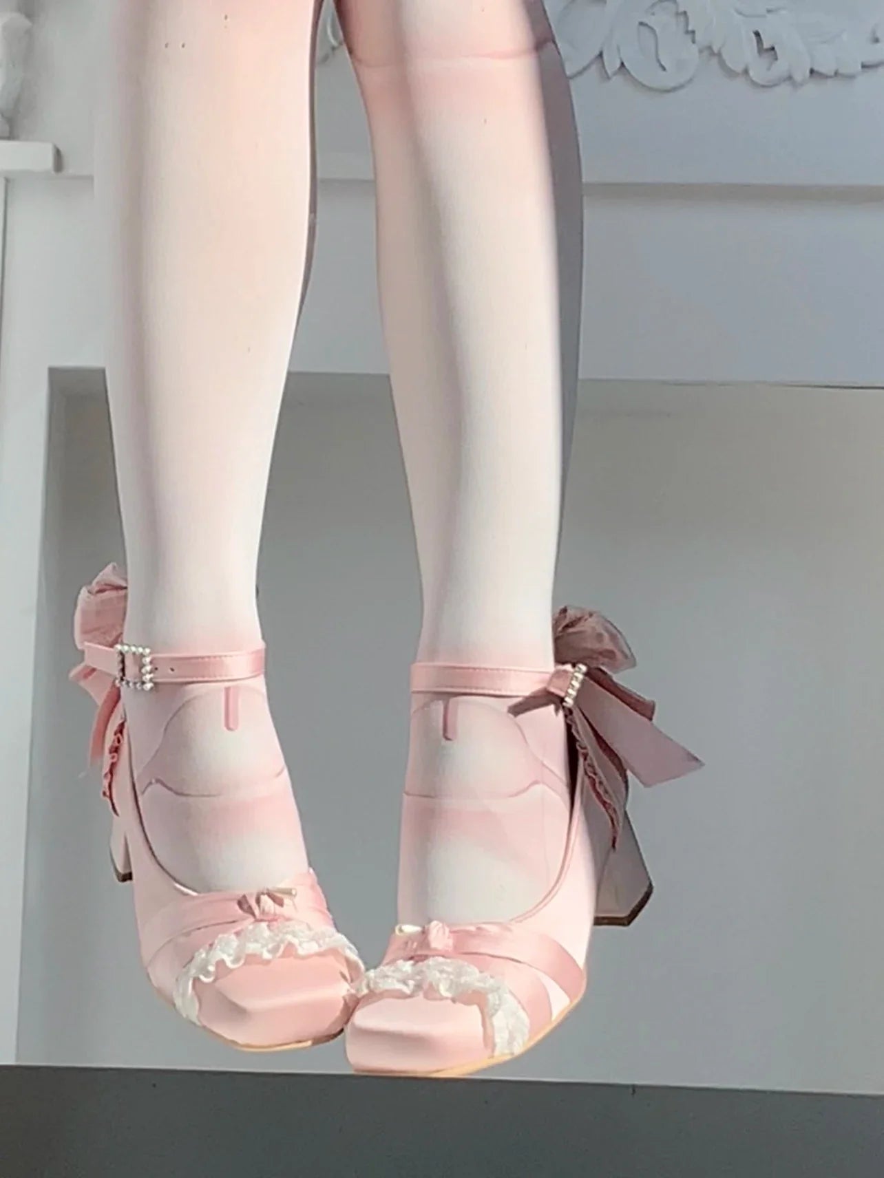 Pink Lolita Shoes Ballet Thick Heel High Heels Mary Jane Shoes Satin Elegant Platform Waterproof Pumps Original