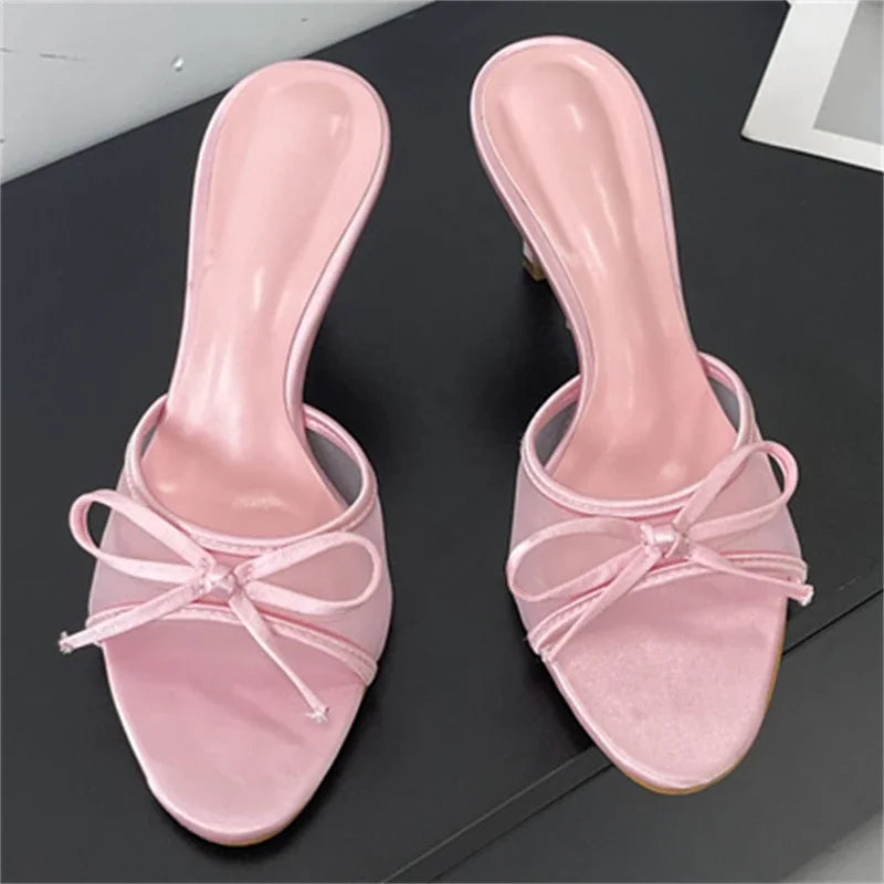 Butterfly-knot Breathable Holes Mesh Open Toe Woman Slippers Thin High Heels Party