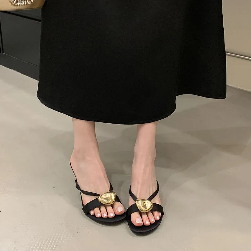 Metal High Heels Pumps Slides Shoes In Slip Round Toe Thin Heels Shoes