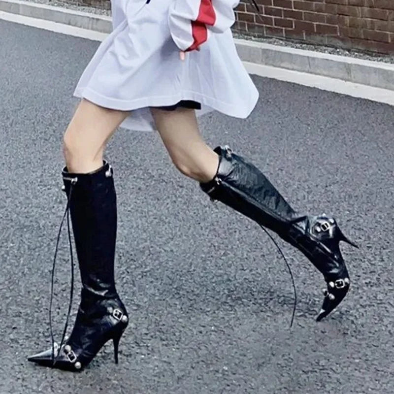 Chelsea Boots Pointed Toe High Heels Shoes Stilettos Knee High Boots Pumps Motorcycle Botas