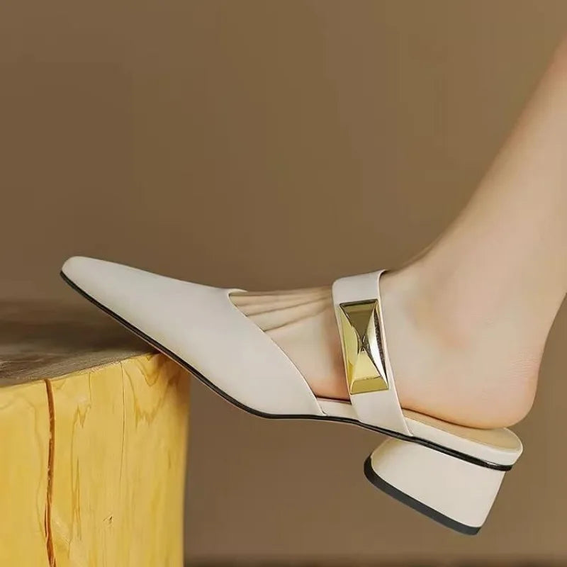 Pointed Metal Decorate Muller Shoes Platform Casual Half Slippers High Heel Woman Sandals