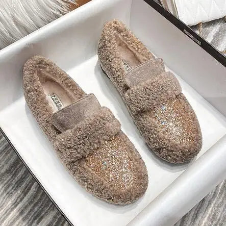 Plus Size 34-43 Wool Shoes Warm Cotton Loafers Femmes Lambswool Moccasins Slip On Round Toe Sheep Fur Flats