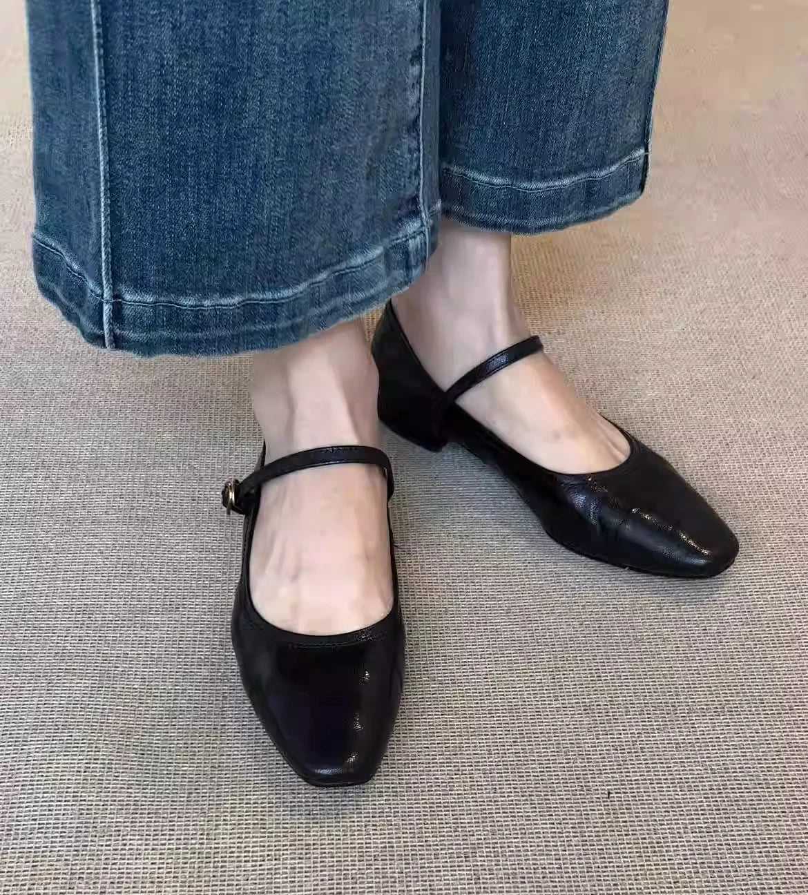Mary Jane Shoes Retro Square Toe Flat Heel Strap Genuine Leather Soft Shallow Single Shoes