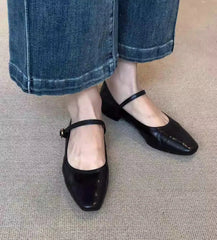 Mary Jane Shoes Retro Square Toe Flat Heel Strap Genuine Leather Soft Shallow Single Shoes