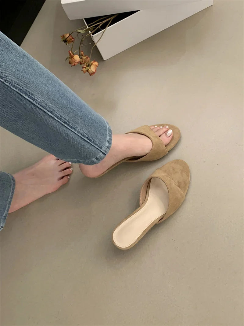 Thin Low Heels Slippers Round Open Toe Beach Casual Sandal Mules Slides Shoes Zapatos De Mujer