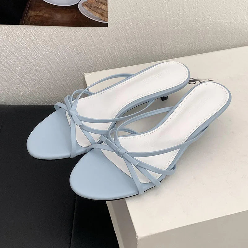 Butterfly-Knot Low Heel Slippers Shoes Round Toe Heeled Slippers
