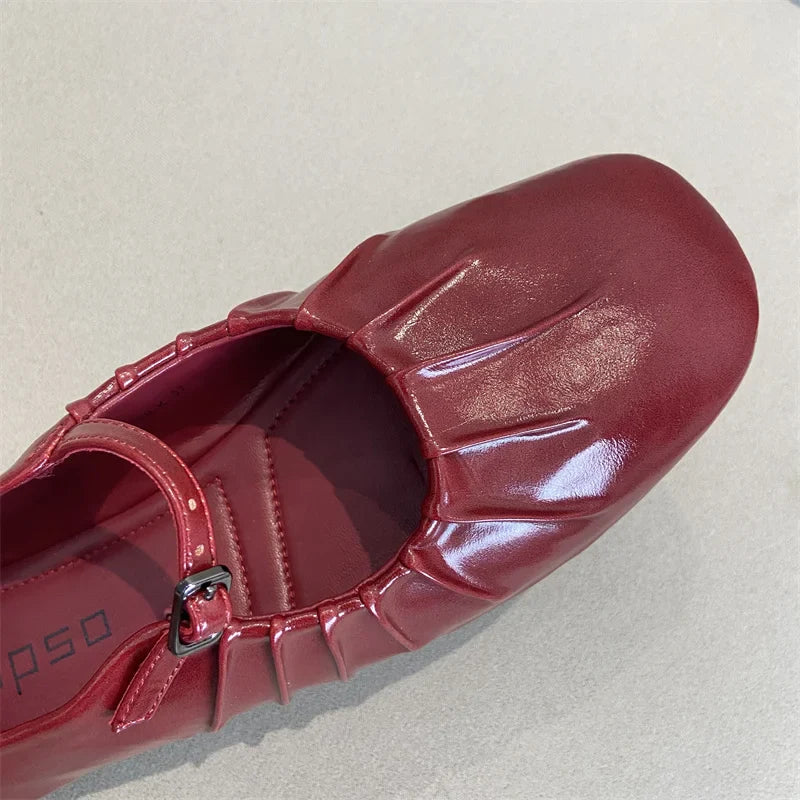Pleated Mary Janes Flats Shoes Square Toe Pu Leather Comfortable Elegant Red Shoes Shallow Black Ballet Flats