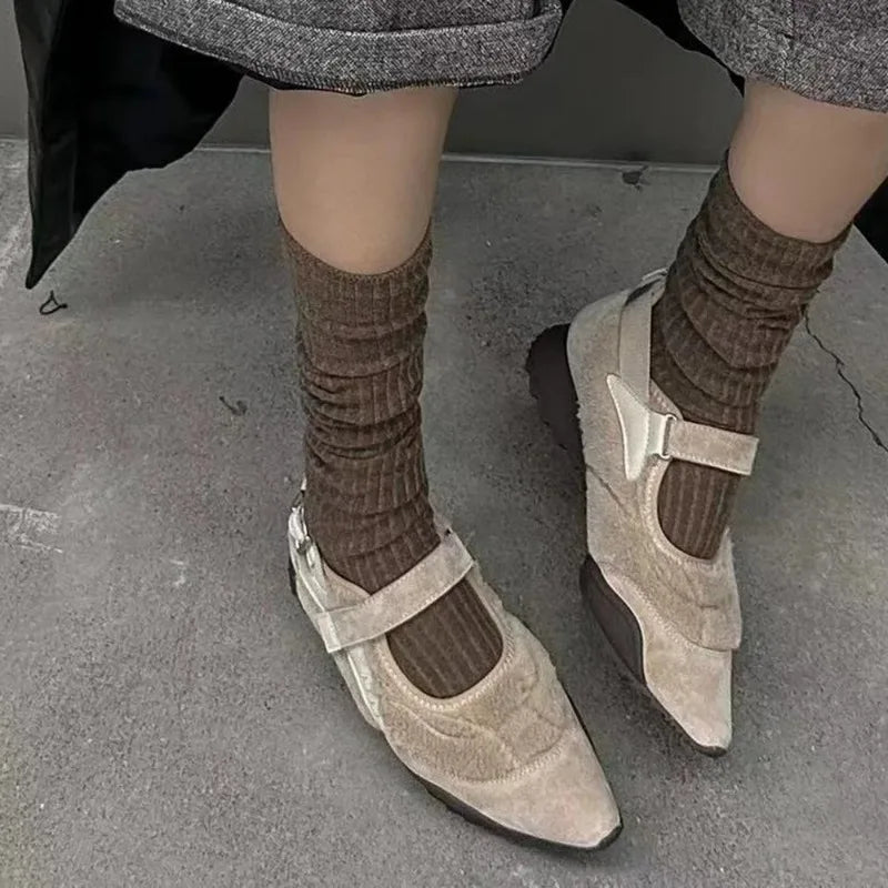 Casual Mary Jane Shoes Ins Style Pointed Toe Shallow Hook Loop Belt Buckle Street Sandals Brown/apricot Pumps