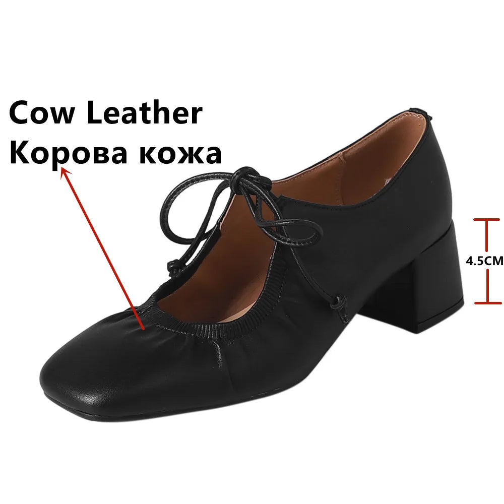 Mature Lace-Up Thick Heels Shoes Woman Office Lady Working Genuine Leather Pumps 2024