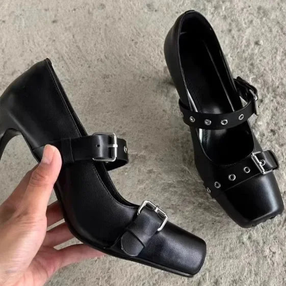 Heeled Ballet Shoes Belt Buckle Casual Chunky Heeled Platform Loafers Square Toe Mary Jane Shoes