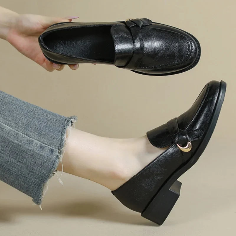 Cow Leather Metal Buckle Slip On Flat Shoes High Quality Comfortable Loafers Casual Versatile Daily Famale Shoes