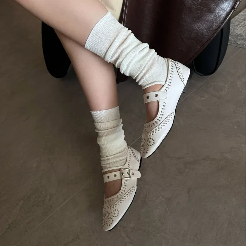 Retro Rivet Mary Jane Shoes Belt Buckle Round Toe Ballet Flats Comfortable Soft Sole Flat Shoes Zapatos De Mujer