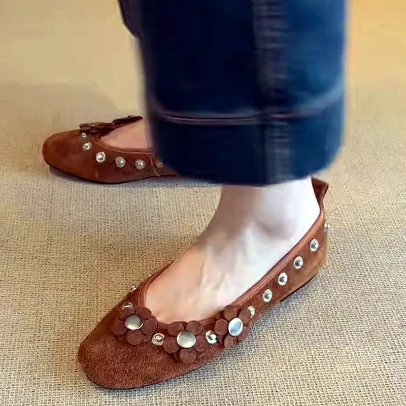 Brown Metal Button Flower Decoration Ballet Flats Faux Suede Design Loafers Elegant Comfortable Mary Jane Shoes