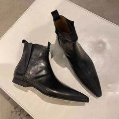 Retro Short Boots Autumn/Genuine Leather Pointed Chelsea Bootss Flat Bare shoes
