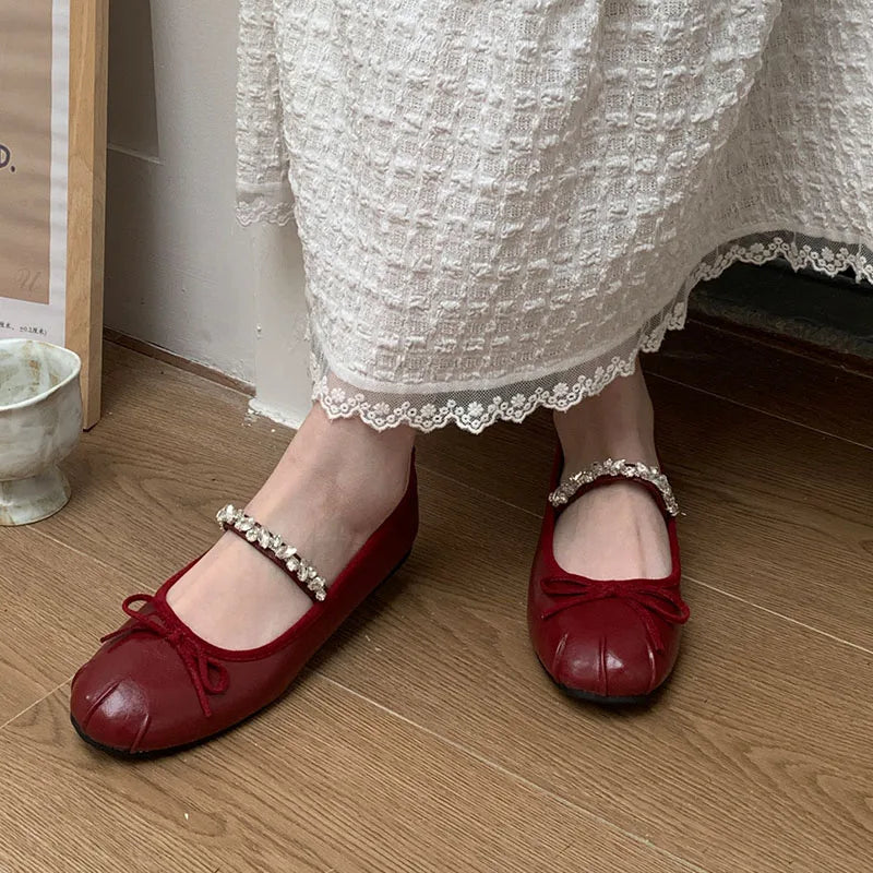 Pink Rhinestones Mary Janes Flats Lolita Shoes Soft Round Toe Footwear Shallow Ballet Flats Shoes