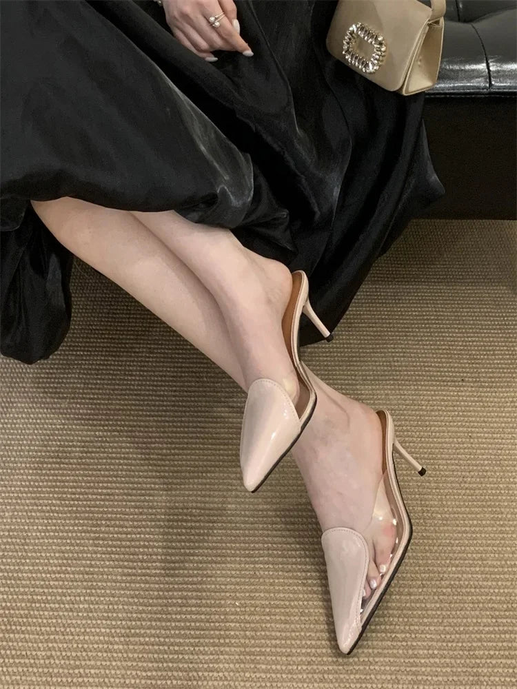 PVC Transparent Thin High Heels Slipper Pointed Toe Stripper Party Mule Slides Shoes Zapatos De Muje