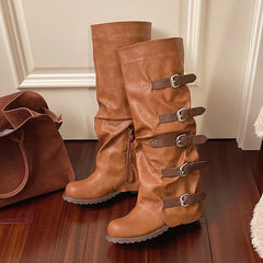 Knee-high Boots Shoes Woman Knight Boots Woman Buckle Chelsea Long Botas Pu Leather Motorcycle Shoes