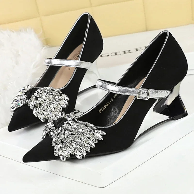 Rhinestone Design Wedge Shoes Shallow Elegant Pointed Toe Pumps Diamond Butterfly-knot High Heels Zapatos De Mujer