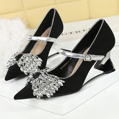 Rhinestone Design Wedge Shoes Shallow Elegant Pointed Toe Pumps Diamond Butterfly-knot High Heels Zapatos De Mujer