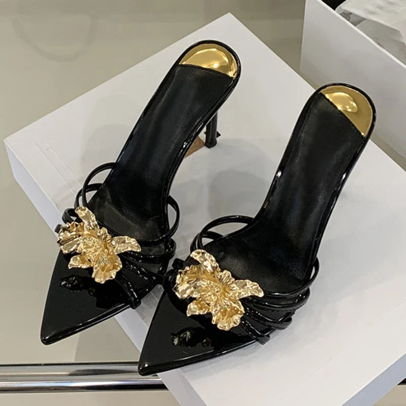 Pointed Toe White High Heels Party Slippers Metal Flowers Sandal Banquet Shoes Mules Slides