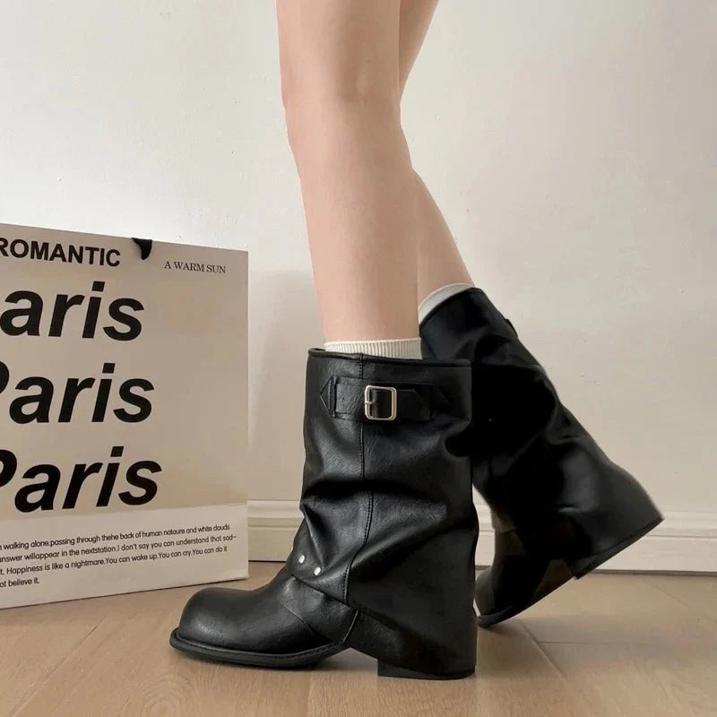 Pleated Western Ankle Boots Rivet Belt Buckle Shoes Concise Vintage Thick Heel Short Booties