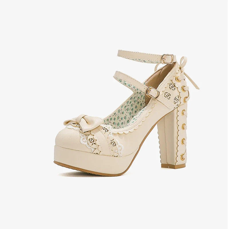 2.5 Platform Cute Bow Lace Princess Lolita Shoes Party 10cm High Heel Buckle Big size 43