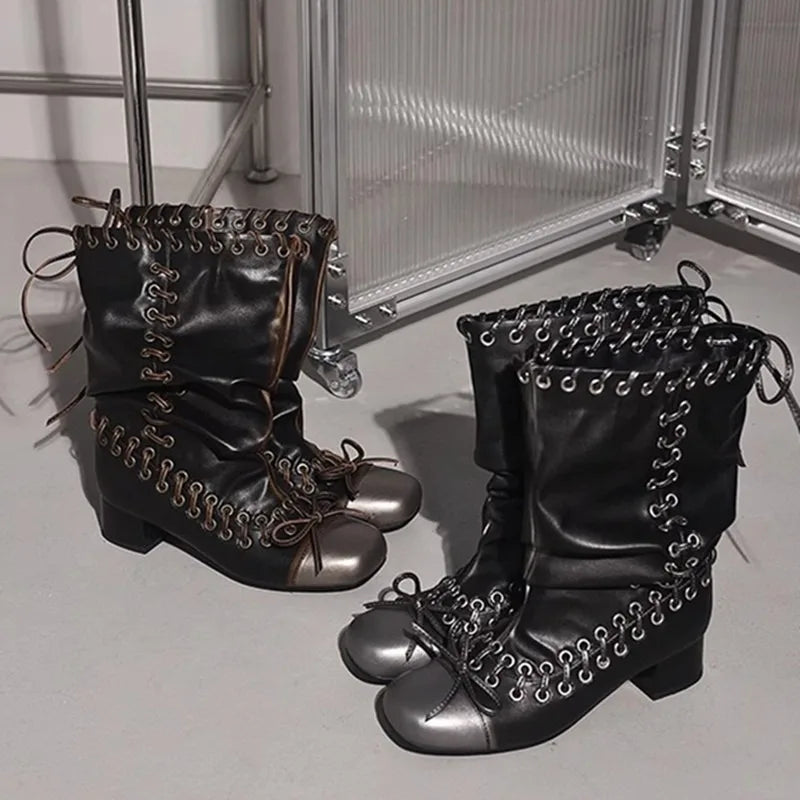 Vintage Pleated Mid-Calf Boots Cross-tied Square Toe Mid Heels Leather Novelty Concise Shoes