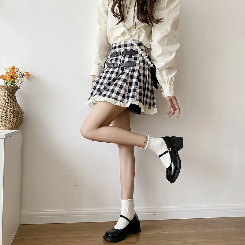 Mary Jane Shoes Simple Glossy PU Causal Uniform Low-heeled Shoes Versatile Lolita Pumps