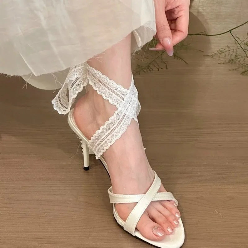 Lace Pointed Toe Heeled Sandals Stilettos Shoes Woman Slippers Slingback Dress Pumps Zapatillas