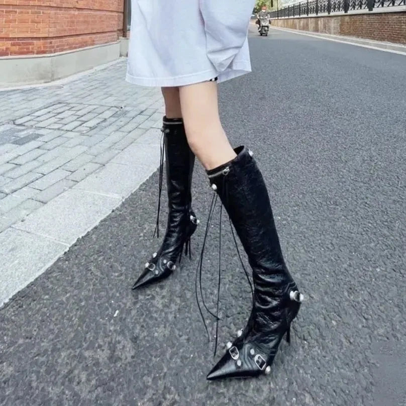 Chelsea Boots Pointed Toe High Heels Shoes Stilettos Knee High Boots Pumps Motorcycle Botas