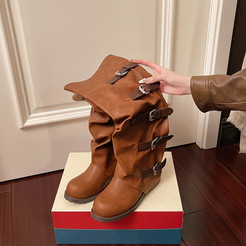 Knee-high Boots Shoes Woman Knight Boots Woman Buckle Chelsea Long Botas Pu Leather Motorcycle Shoes