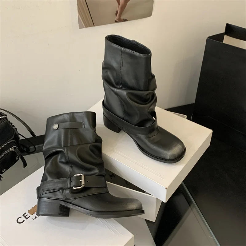 Black Boots Round Toe Chunky Heels Fall Shoes Belt Buckle Cowboy Boots