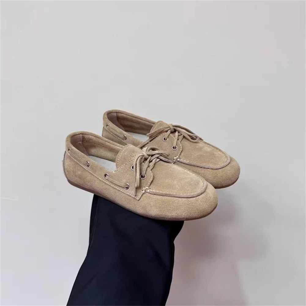 Ins Genuine Leather Flats Shoes Loafers Trend Vintage Suede Loafers Casual British Style Flat Single Shoes